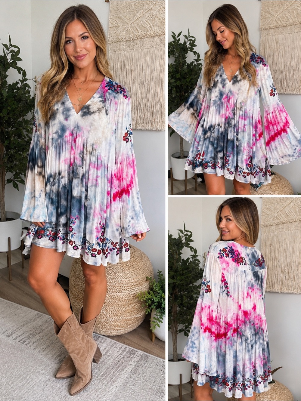 Free People Hand-Dyed Tie Dye Embroidered Boho Bell Sleeve Tunic Dress Size XS